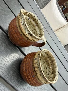 Vintage signed 1969 Speckled pottery- Cream&Sugar Rustic Brown and Cream Set 2
